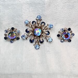 Vintage Snowflake Brooch & Earrings Set with Blue & AB Rhinestones, Silver Tone